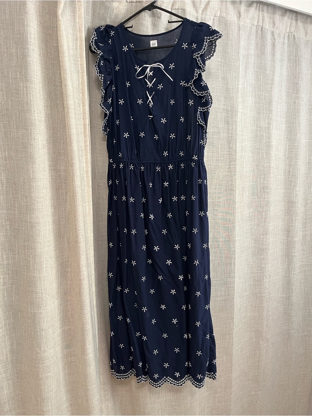 GAP Navy Embroidered Dress with Tie Neck